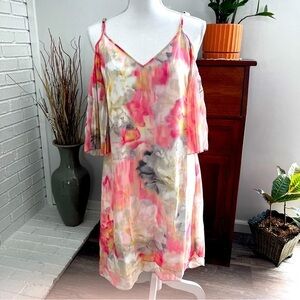 WHBM NWT Peach Floral, Cold Shoulder, Pleated Sleeves Dress Size 6